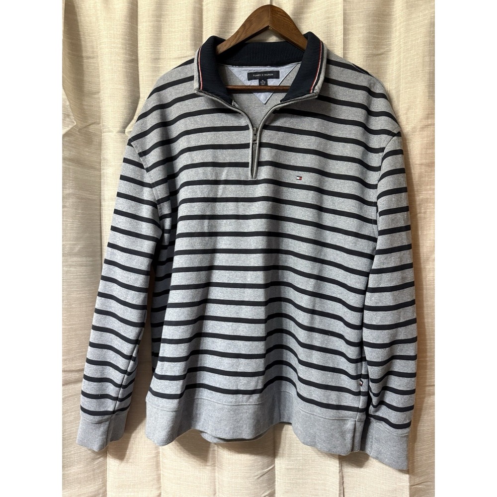 Tommy Hilfiger Vintage Mens 1/4 Zip Pullover Sweater Classic Gray Black Stripe